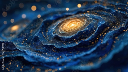  a close up view of a star in the center of a blue and gold swirl with stars in the background.