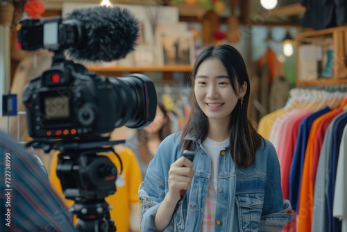 Asian blogger showing clothes in front of the camera to recording vlog video live streaming at her shop. Online Shopping © ORG