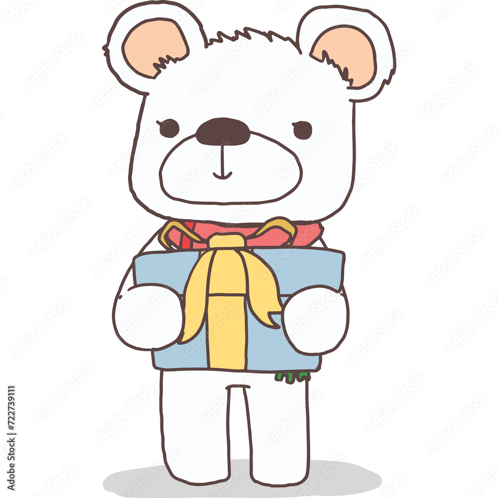Cute polar bear character holding blue gift box illustration