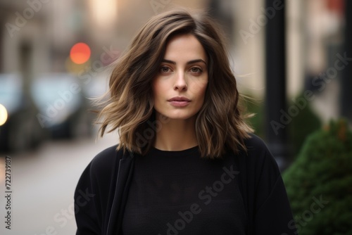 Portrait of a beautiful young woman with long brown hair in the city