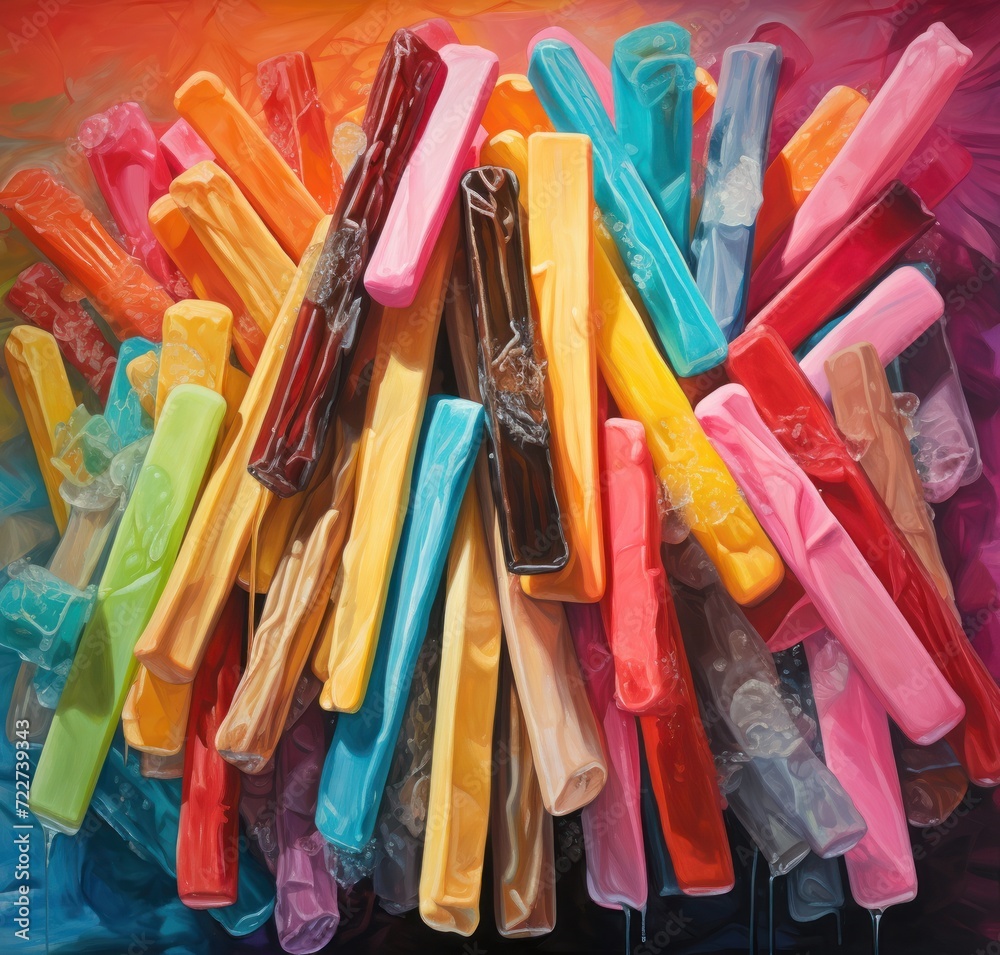  a close up of a bunch of different colored toothbrushes in a pile on top of each other on a table.