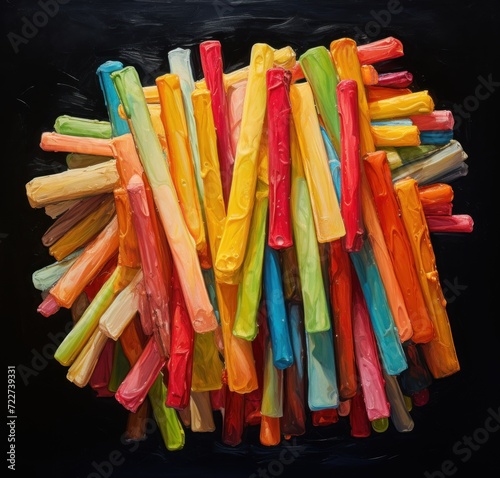  a painting of multicolored sticks on a black background in the shape of a ballon of firecrackers.