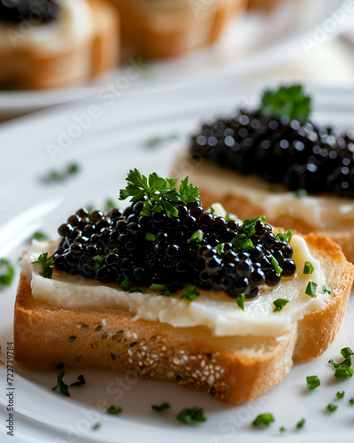 Sandwiches caviar on white plate, photo for the restaurant menu