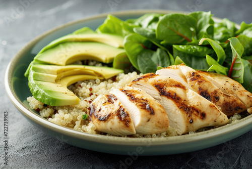 Grilled chicken, quinoa, avocado, and leafy greens for muscle building and overall health
