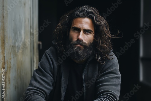 Portrait of a handsome man with long dark hair and beard.