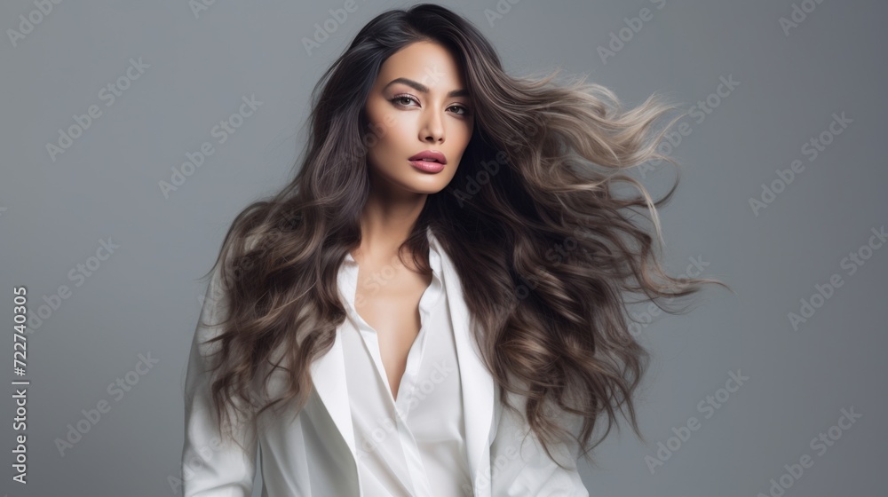 Fototapeta premium Attractive woman in a white business suit with long wavy hair. Hair care. Fashion and beauty.