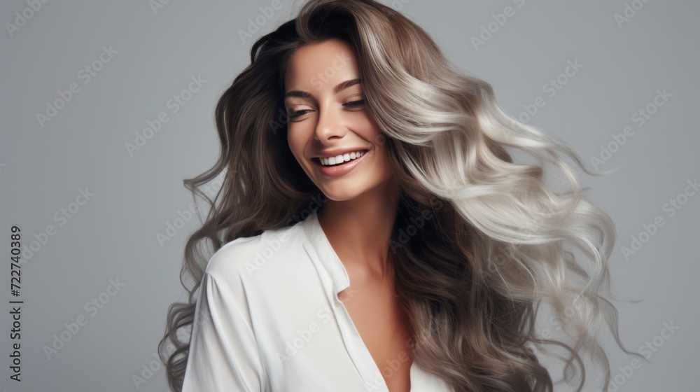 Attractive woman in a white business suit with long wavy hair. Hair care. Fashion and beauty. Attractive woman in a white business suit with long wavy hair. Hair care. Fashion and beauty.