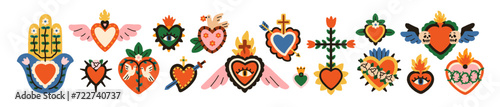 Sacred Mexican hearts set. Vintage Mexico love symbols. Retro holy spiritual corazon designs in fire, burning flame, crown, eye, wings, skulls. Flat vector illustrations isolated on white background