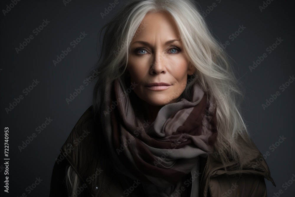 Portrait of a beautiful middle-aged woman wearing a scarf. Portrait of a beautiful middle-aged woman wearing a scarf.