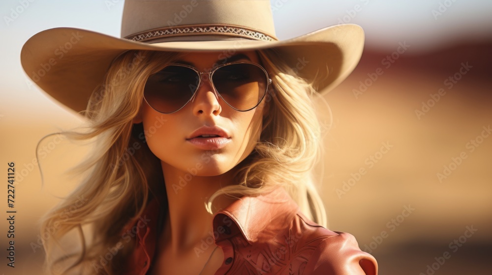 Attractive woman wearing sunglasses and cowboy hat. Attractive woman wearing sunglasses and cowboy hat.