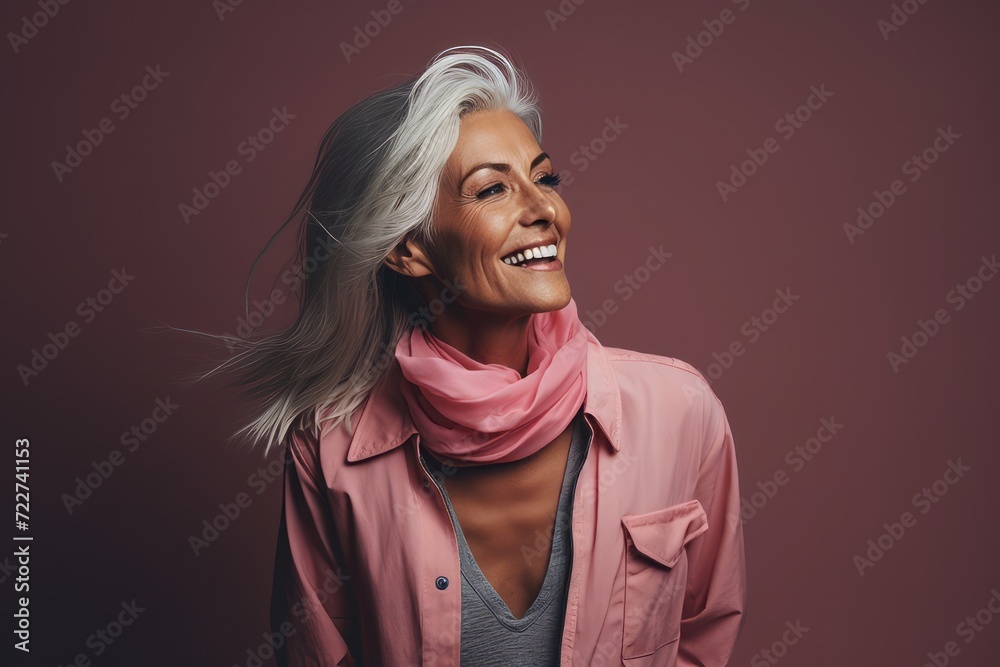 Beautiful middle aged woman in pink coat and pink scarf. Studio shot. Beautiful middle aged woman in pink coat and pink scarf. Studio shot.
