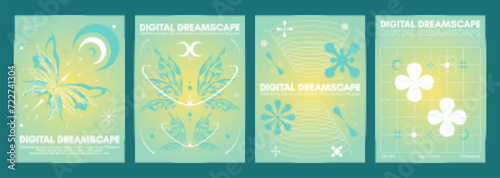 Y2k aesthetic poster design with abstract simple shape and tribal butterfly ornament on pastel green and yellow aura gradient background. Vector set of retro futuristic 2000s style banner template.