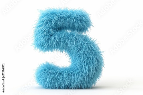 Cute blue number 5 or five as fur shape, short hair, white background, 3D illusion, storybook style photo