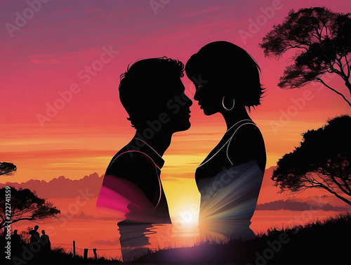 silhouette of couple kissing in the sunset or sunrise, golden hour lighting, silhouette against vivid sky