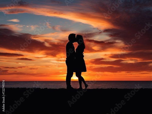 silhouette of couple kissing in the sunset or sunrise, golden hour lighting, silhouette against vivid sky