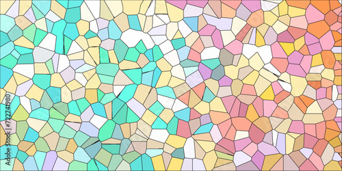 Abstract Seamless Multicolor Broken Stained-Glass Geometric Retro Tiles Pattern and Quartz Crystal Voronoi Diagram Background. For Artful Websites, Presentations, Brochures, and Social Media Graphics.