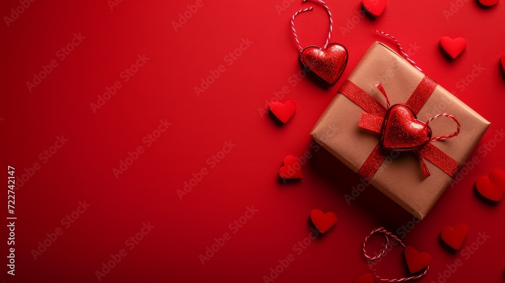Valentine's day celebration.Beautiful gift box and roses on red background, flat lay with space for text. Valentine's day celebration.Beautiful gift box and roses on red background, flat lay with space for text.