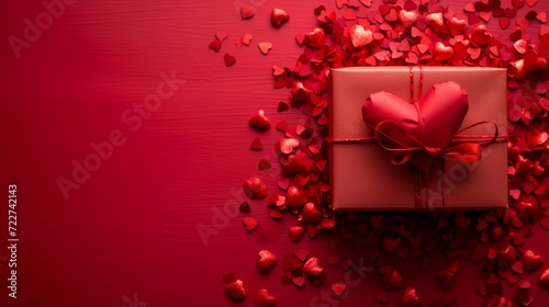 Valentine's day celebration.Beautiful gift box and roses on red background, flat lay with space for text. 