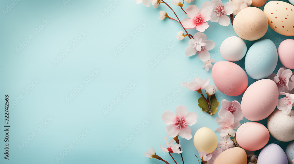 Easter eggs and beautiful flowers on white background, space for text. Top view, Generative AI. Easter eggs and beautiful flowers on white background, space for text. Top view, Generative AI.