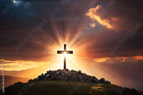 A Cross on top of the Mountain at Sunset with Sky Background, Crucifixion Of Jesus Christ