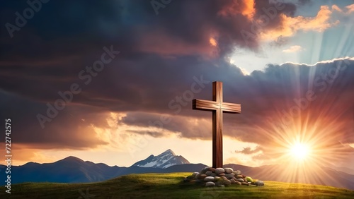 A Cross on top of the Mountain at Sunset with Sky Background, Crucifixion Of Jesus Christ © pornpun