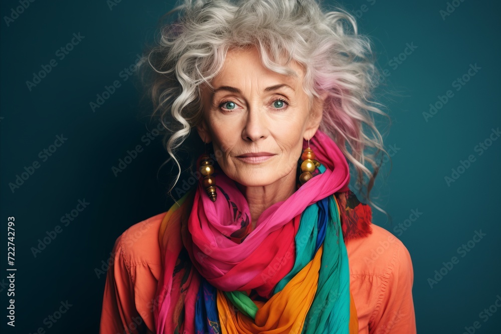 Portrait of a beautiful senior woman with curly hair and colorful scarf. Portrait of a beautiful senior woman with curly hair and colorful scarf.