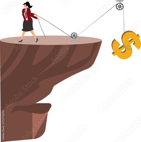 One businesswoman pulling dollar sign on rope over cliff