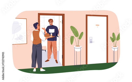Hotel catering, room service for guests. Man opening door to butler, waiter with food, meal on tray. Dish delivery, serving visitors, hospitality. Flat vector illustration isolated on white background