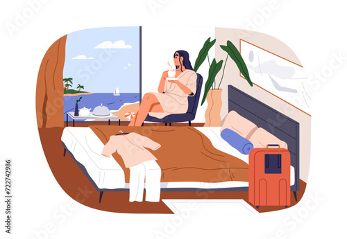 Woman relaxing in hotel room, enjoying sea resort and beach view from window. Guest, tourist resting after arriving for summer vacation. Flat graphic vector illustration isolated on white background