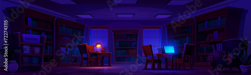 School or public library interior at night. Cartoon vector dark literature storage or shop with wooden cabinet, book rows on shelves, desk with lightening lamp and laptop, chairs and armchair.