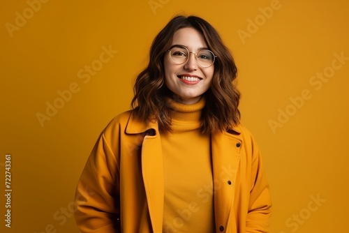 Portrait of a beautiful young woman in yellow coat and glasses on yellow background