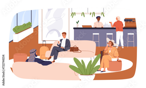 Hotel lobby interior with guests waiting on sofas, sitting with luggage at bar. People tourists, businessmen on couches. Hospitality service. Flat vector illustration isolated on white background