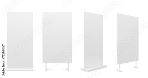 Advertising white empty information booth stand board. Realistic vector illustration set of blank portable vertical roll up info promo banner mockup for ad and product presentation on exhibition.