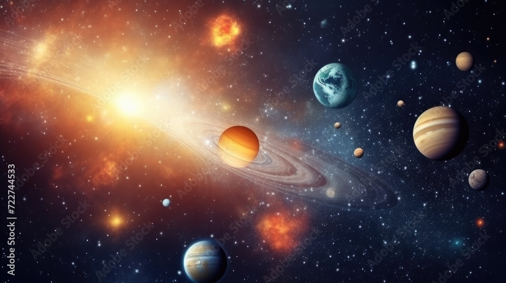 Solar system on galaxy. Universe galaxy space planets. Generative AI.