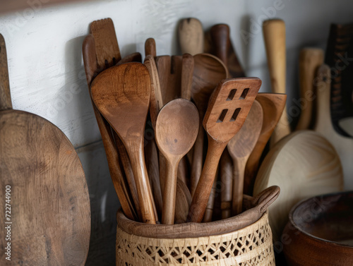 Assortment of wooden kitchen utensils on a shelf, with a rustic charm.