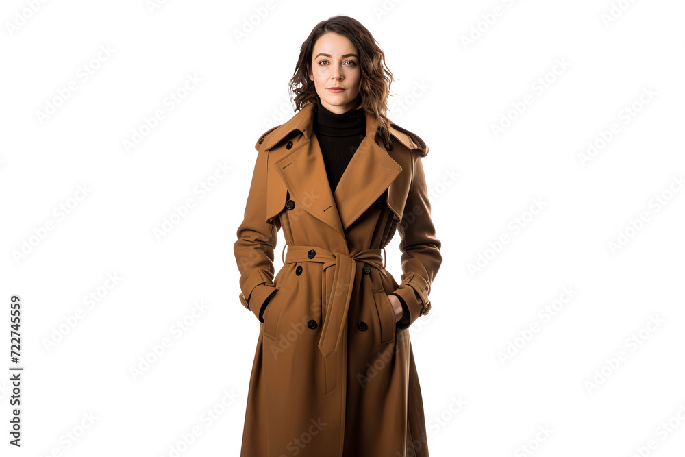 Beautiful girl wearing stylish coat with a fur collar and a belt on a transparent background