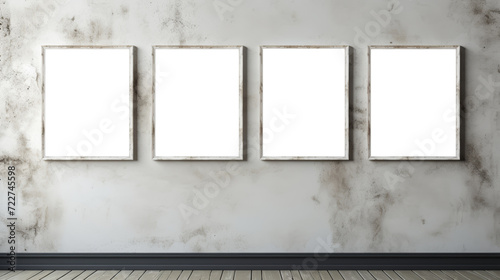 Empty picture frames on wall, four white transparent inside painting frames in a row, PNG