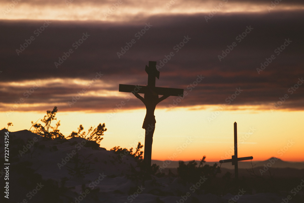 Crucifixion Of Jesus Christ At Sunrise - Crosses On Hill Crucifixion Of Jesus Christ At Sunrise - Crosses On Hill