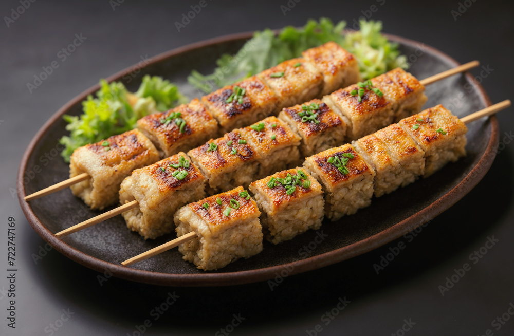 A plate of four grilled pork belly skewers, garnished with greenery and served on a black plate