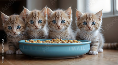 A quartet of cute kittens convene around a dish, portraying a delightful image of playful camaraderie and shared feeding photo