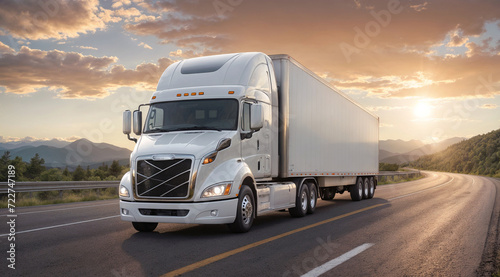At sunset, a streamlined white semi-truck moves cargo along the highway, symbolizing the logistics industry - Illustrating the concept of efficient transportation