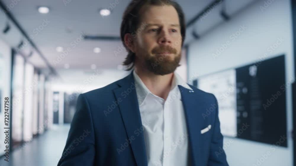 Business Manager Walking to a Meeting with Corporate Partners. Young Man Pumping Himself Up, Motivating and Energizing His Thoughts with a Positive Mindset. Businessman Nervous and Stressed at Work