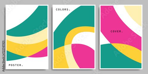 Colorful abstract curve background template set.  Vibrant fluid modern backdrop. Green, yellow, and pink layer design for poster, catalog, cover, banner, leaflet, flyer, or brochure. © Graito