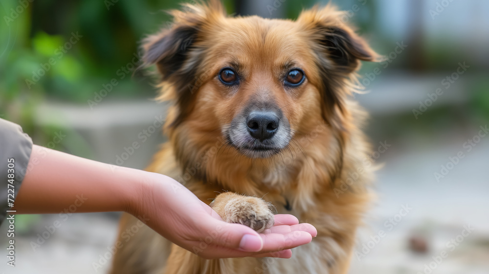 Fototapeta premium Dog giving paw to human hand, trustful bond.