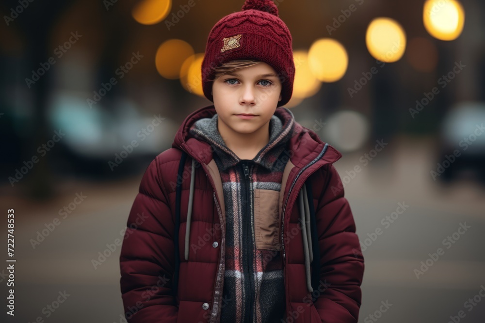 Portrait of a boy in a red hat and coat on a city street.