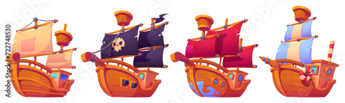 Cartoon old sailboat with wooden deck and captain dock, mast and canvas sails. Vector illustration of pirate and fishing vintage ships for game ui or childish book story design. Sea transport set.
