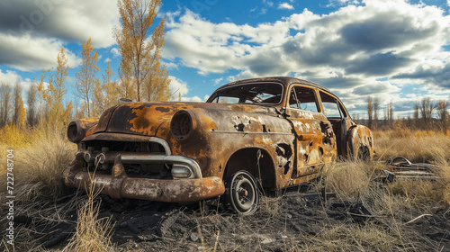 Rusty old car abandoned in a barren landscape.