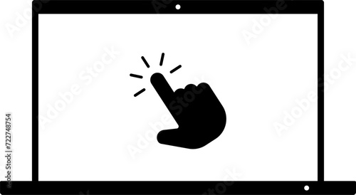 Click in laptop vector icon. Computer with click mouse pointer symbol isolated on white background.