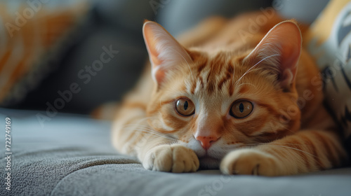 Ginger cat lounging on a cozy couch. © RISHAD