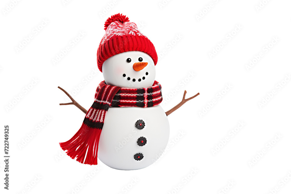Handmade snowman with colorful scarf and hat on transparent background